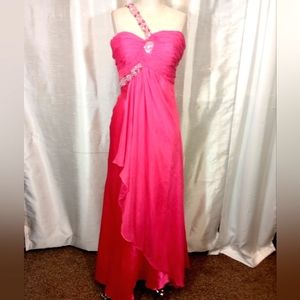 Cinderella One Strap Gown, Hand Beaded, Hot Pink, Pleats, long, Empire Waist, 6